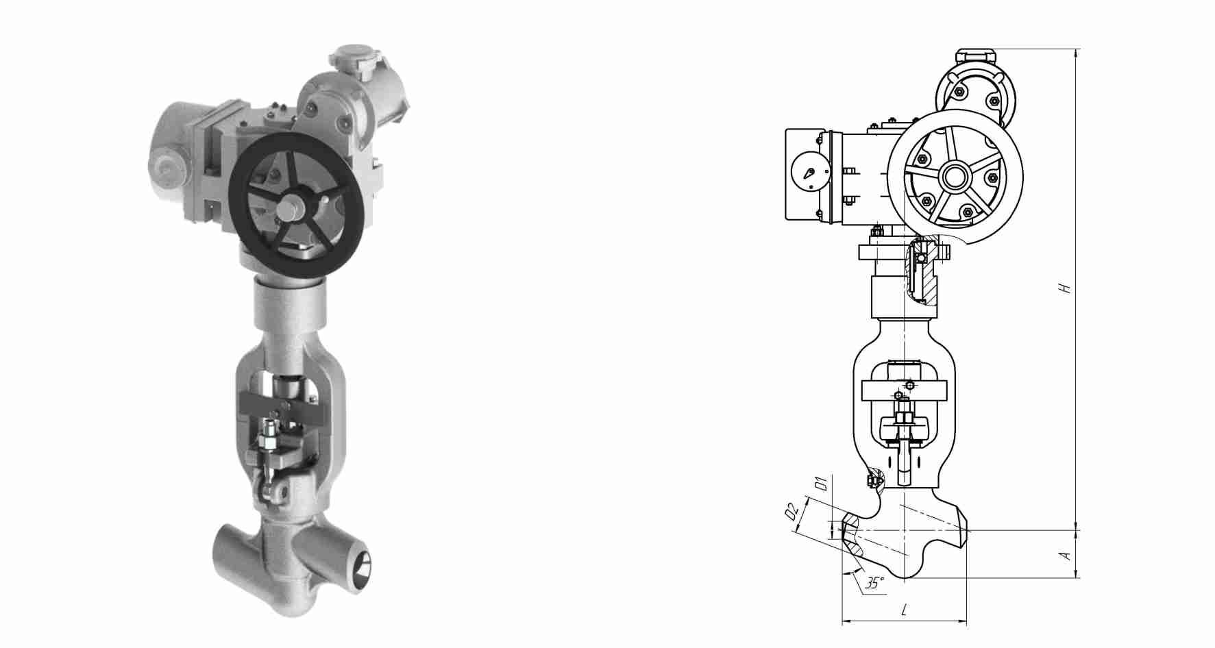 Клапан вентиль запорный 1057-65-ЭМ с электроприводом Н-Б1-07 У2, DN 65 мм, PN 9.8 Мпа, ст 12Х1МФ