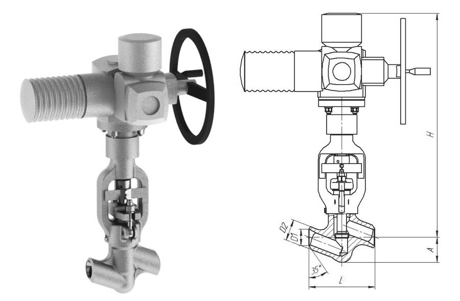 Клапан вентиль запорный 1057-65-ЭД с электроприводом AUMA SA 14.6-F14-C38, DN 65 мм, PN 9.8 Мпа, ст 12Х1МФ