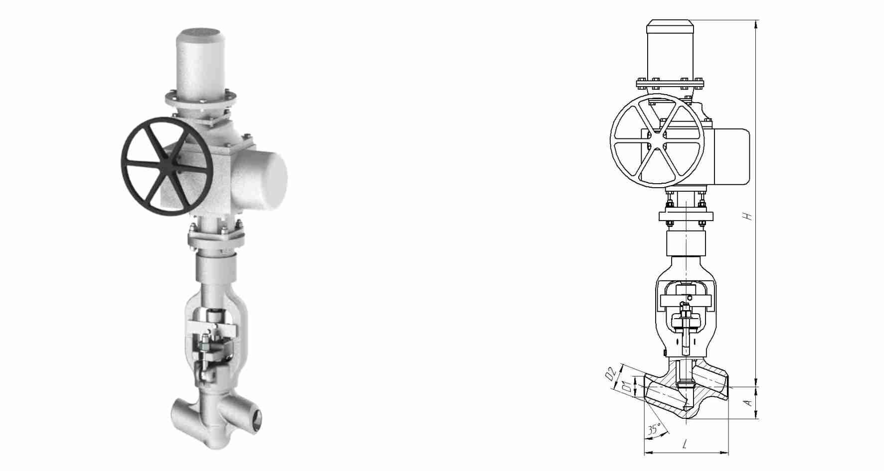 Клапан вентиль запорный 1057-65-ЭЧ с электроприводом ПЭМ-Б1М У2, DN 65 мм, PN 9.8 Мпа, ст 12Х1МФ