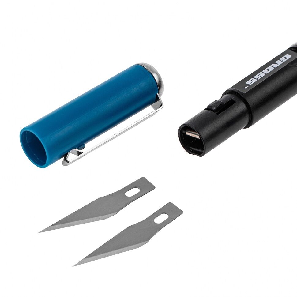 Нож для дизайна, выдвижное перовое лезвие,, металлическая клипса для фиксации, 150 мм, 2 запасных лезвия Gross 3
