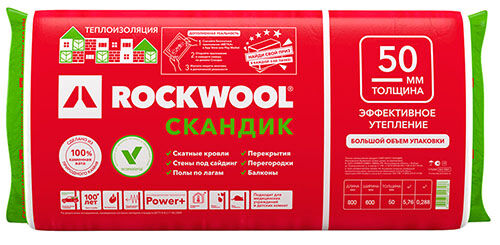 Утеплитель Роквул Скандик Баттс (минвата Rockwool), 800х600х50мм 12 шт (5,76 м2, 0,288 м3) в упаковке